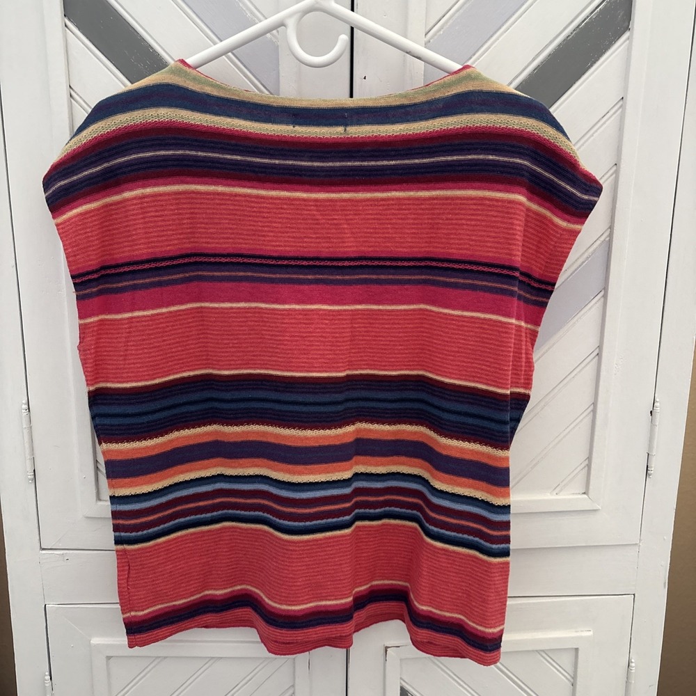 Chaps Women's Petite Multicolor Striped Southwest‎ Cap Sleeve Linen Blend Knit - Picture 11 of 14